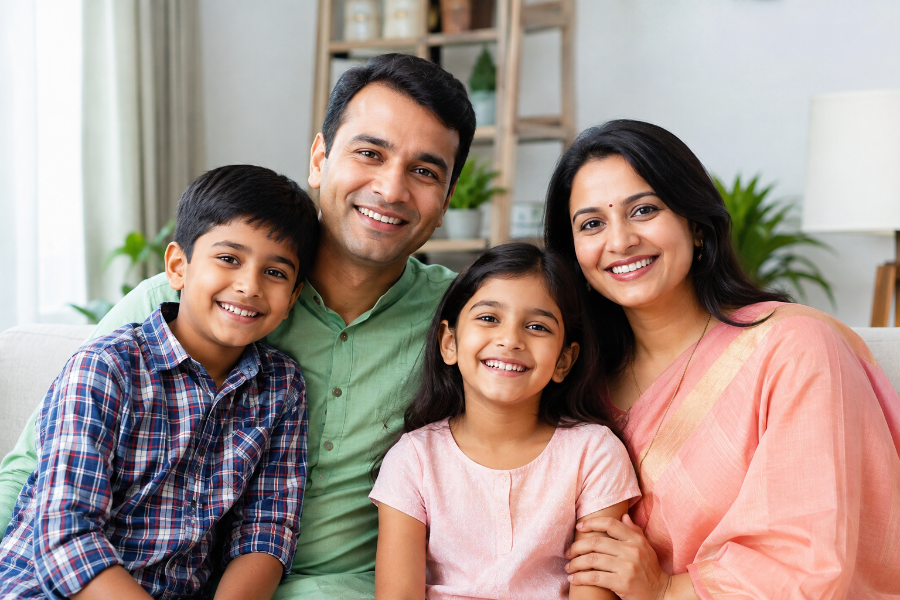 A happy Indian family of four together at home
